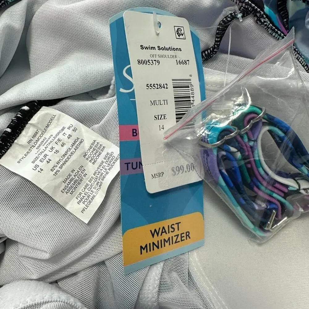 New Swim Solutions Off Shoulder Swimsuit Tropical Multi Slimming Size 14 - Picture 9 of 11